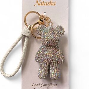 Sparkling Rhinestone Teddy Keychain with Cream Wristlet